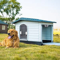 LIODUX Dog House Pet Shelter with Steel Door - Durable Waterproof Outdoor/Indoor Kennel for Small/Medium Dogs Includes Vent High Base - Easy Clip Walls Base Roof Door Ramp - Blue Roof{2.4m long 1.5m width  1.5m height }With AC