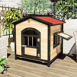 Outdoor Wooden Dog House, Weatherproof Raised Pet Kennel, Cabin Style with Asphalt Roof and Sun Visor for Small Medium Animals Pet{1.2m long  .8m width  1m height} With AC